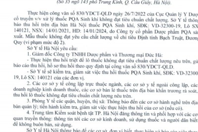 Hà Nội yêu cầu thu hồi thuốc PQA Sinh khí không đạt tiêu chuẩn chất lượng