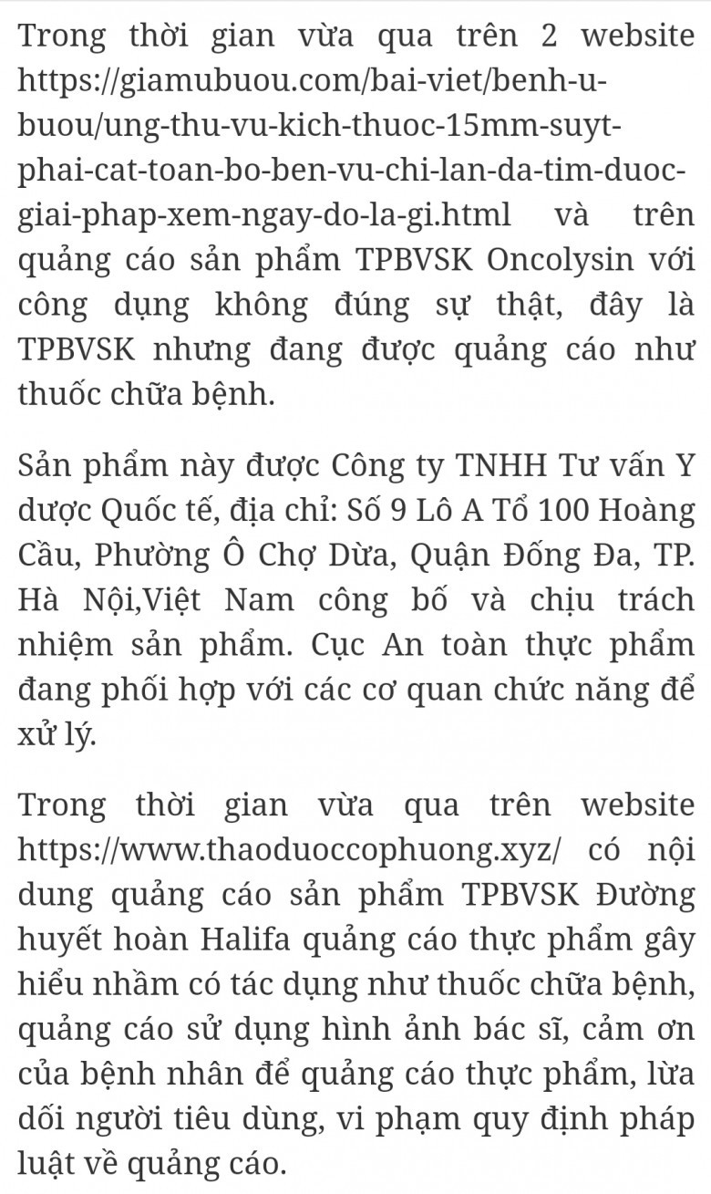 Cẩn trọng với thông tin quảng cáo TPBVSK Oncolysin