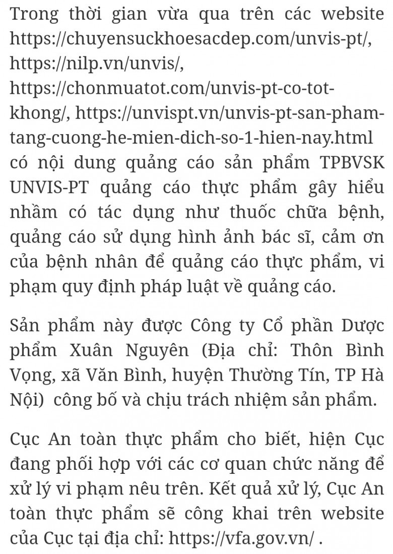 Cẩn trọng với thông tin quảng cáo TPBVSK UNVIS-PT trên một số website